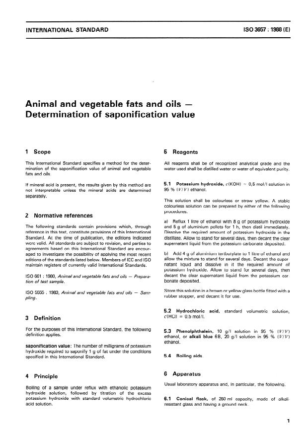 ISO 3657:1988 - Animal and vegetable fats and oils -- Determination of saponification value