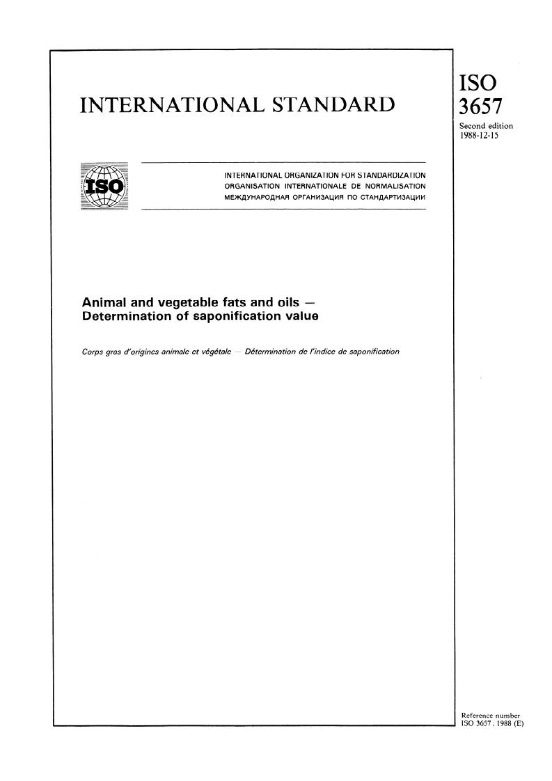 ISO 3657:1988 - Animal and vegetable fats and oils — Determination of saponification value
Released:12/29/1988