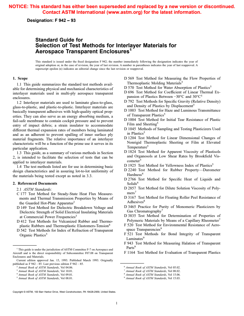 ASTM F942-93 - Standard Guide for Selection of Test Methods for Interlayer Materials for Aerospace Transparent Enclosures