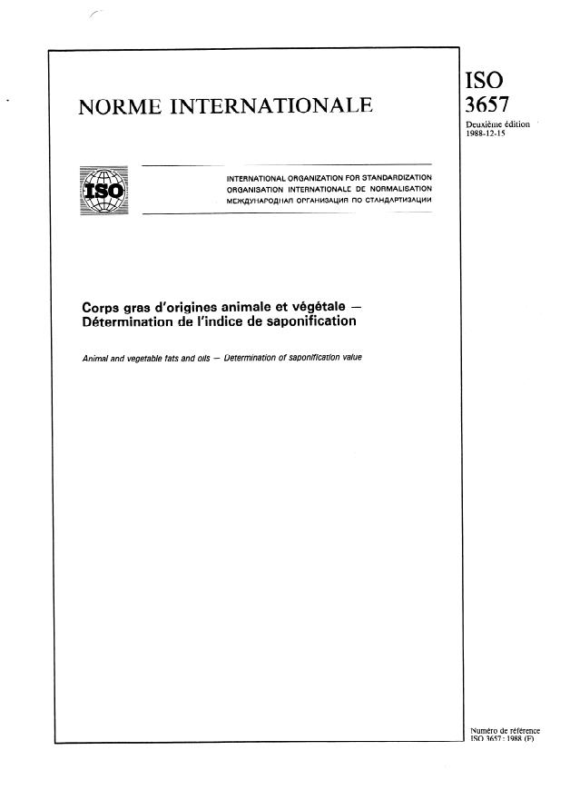 ISO 3657:1988 - Corps gras d'origines animale et végétale -- Détermination de l'indice de saponification