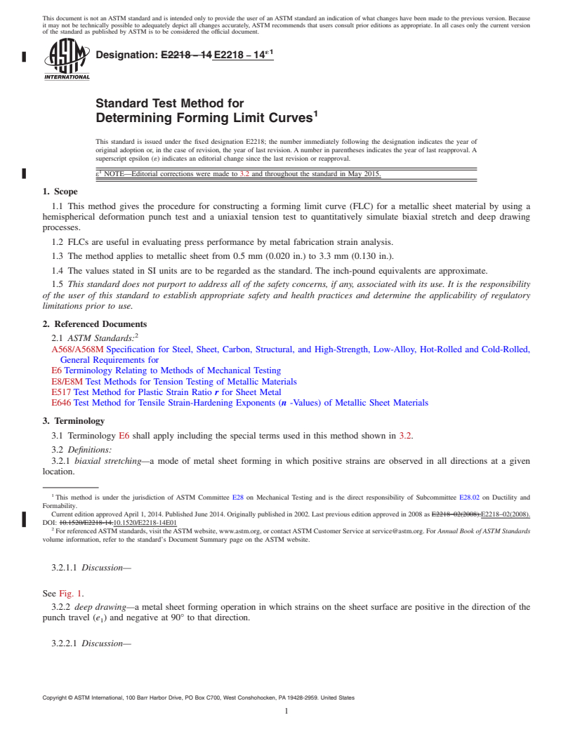 REDLINE ASTM E2218-14e1 - Standard Test Method for  Determining Forming Limit Curves