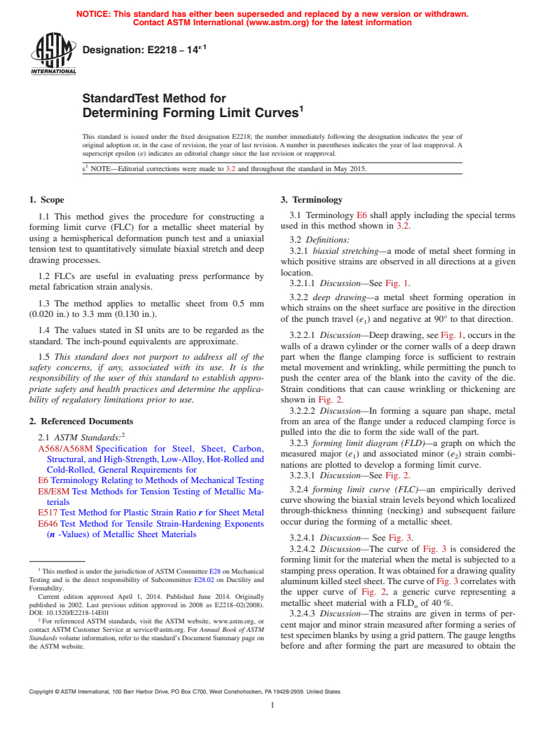 ASTM E2218-14e1 - Standard Test Method for  Determining Forming Limit Curves