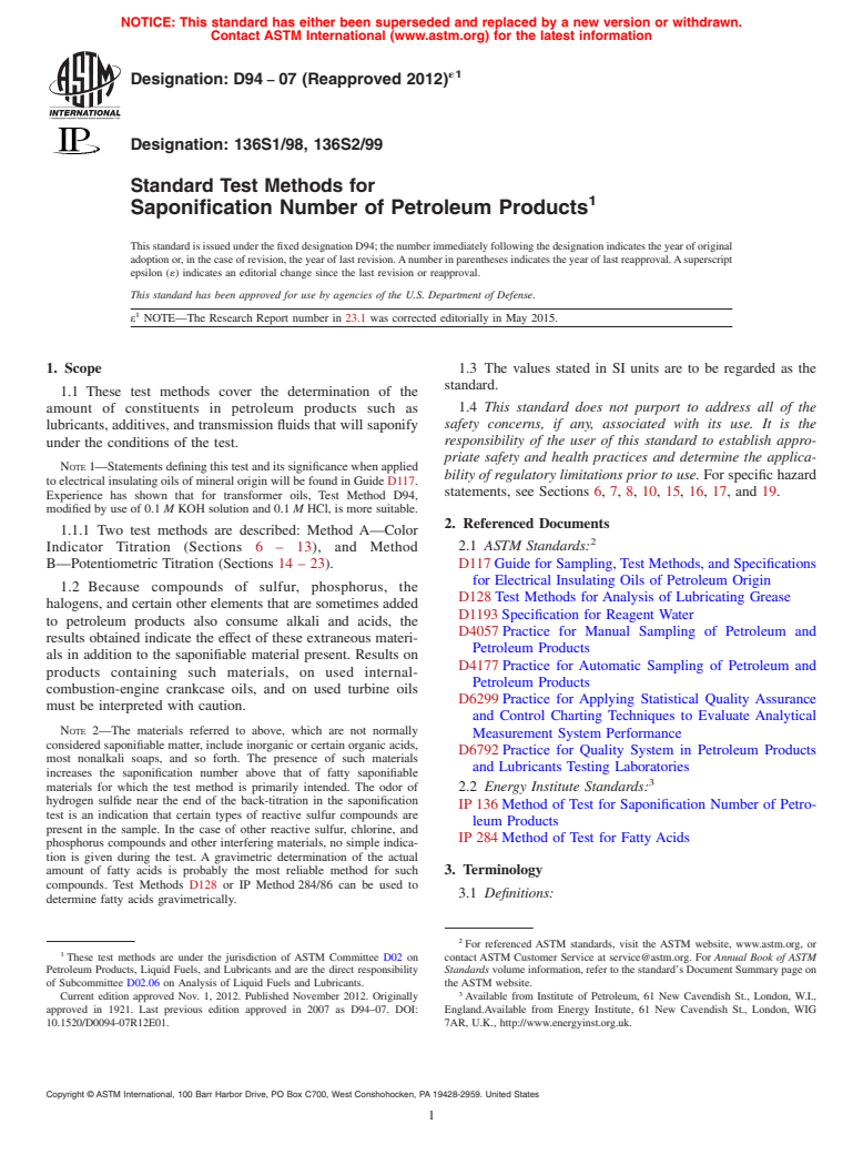 ASTM D94-07(2012)e1 - Standard Test Methods for  Saponification Number of Petroleum Products