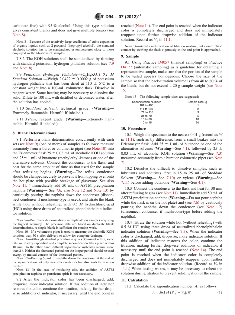 ASTM D94-07(2012)e1 - Standard Test Methods for  Saponification Number of Petroleum Products