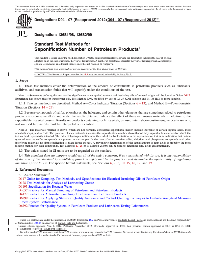 REDLINE ASTM D94-07(2012)e1 - Standard Test Methods for  Saponification Number of Petroleum Products