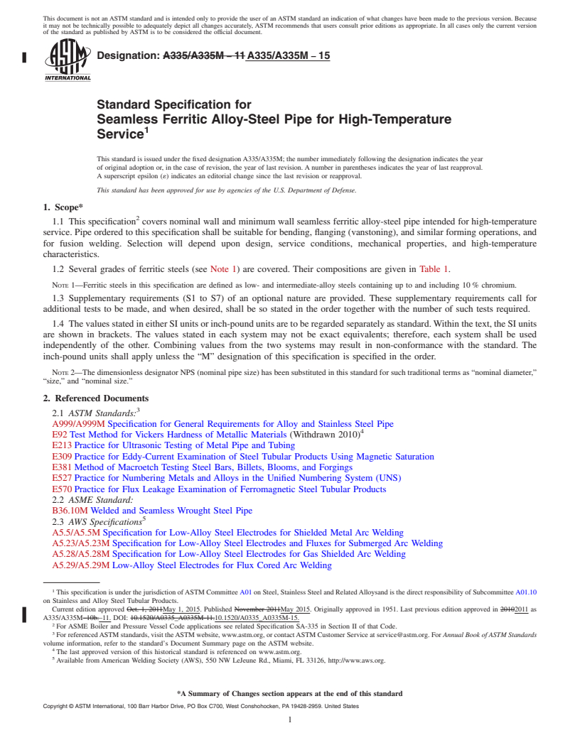 REDLINE ASTM A335/A335M-15 - Standard Specification for  Seamless Ferritic Alloy-Steel Pipe for High-Temperature Service