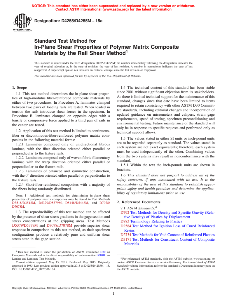 ASTM D4255/D4255M-15a - Standard Test Method for  In-Plane Shear Properties of Polymer Matrix Composite Materials  by the Rail Shear Method