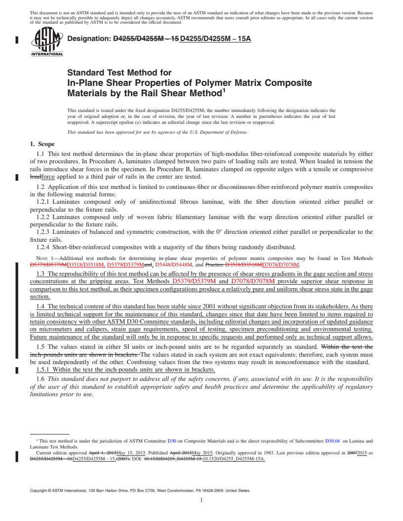 REDLINE ASTM D4255/D4255M-15a - Standard Test Method for  In-Plane Shear Properties of Polymer Matrix Composite Materials  by the Rail Shear Method