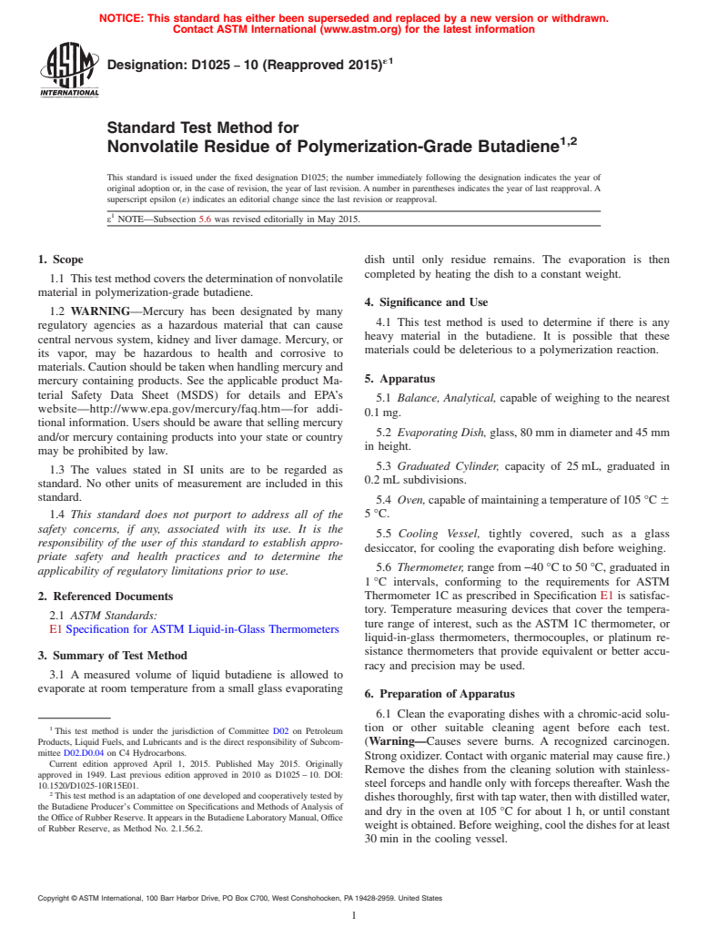 ASTM D1025-10(2015)e1 - Standard Test Method for  Nonvolatile Residue of Polymerization-Grade Butadiene