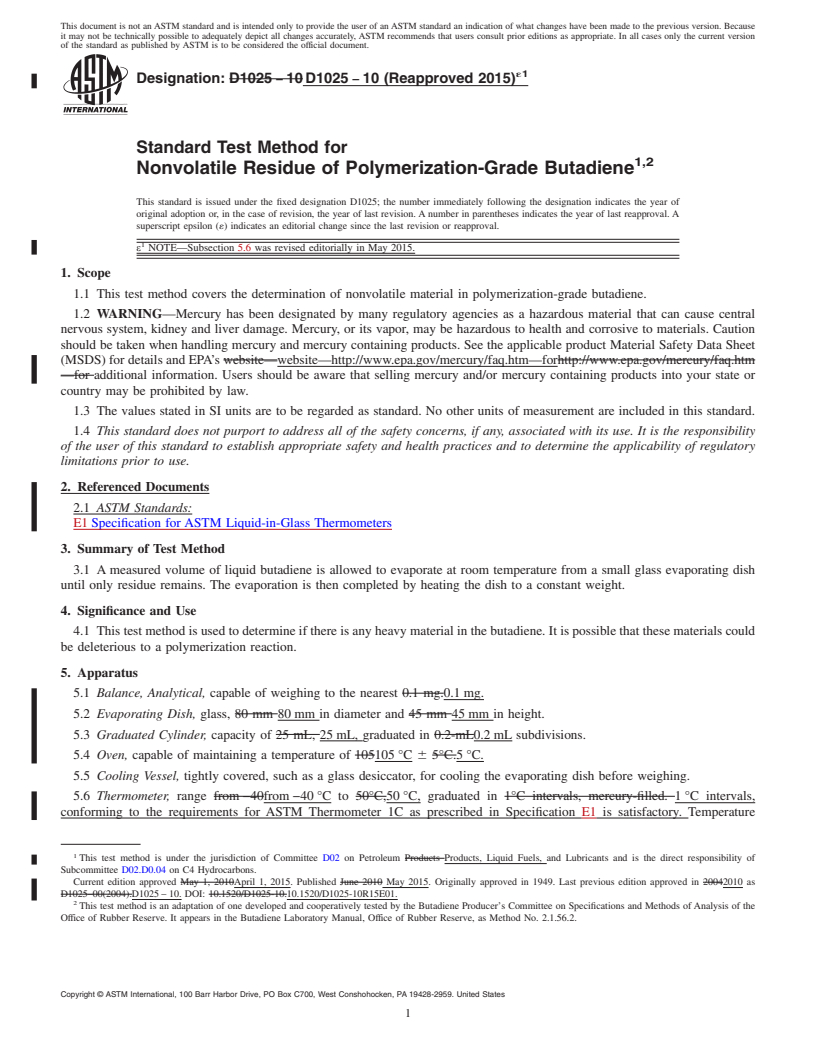 REDLINE ASTM D1025-10(2015)e1 - Standard Test Method for  Nonvolatile Residue of Polymerization-Grade Butadiene