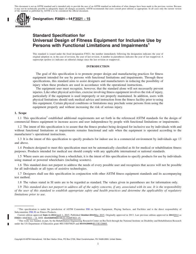 REDLINE ASTM F3021-15 - Standard Specification for Universal Design of Fitness Equipment for Inclusive Use by  Persons with Functional Limitations and Impairments