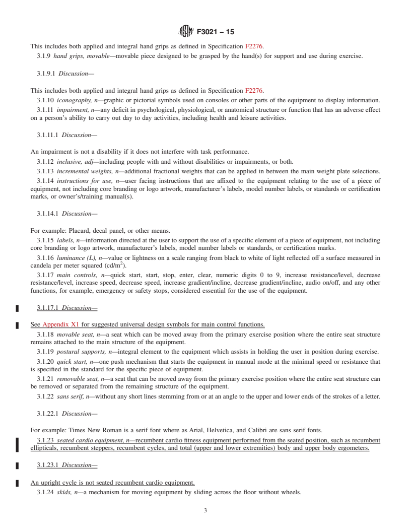 REDLINE ASTM F3021-15 - Standard Specification for Universal Design of Fitness Equipment for Inclusive Use by  Persons with Functional Limitations and Impairments