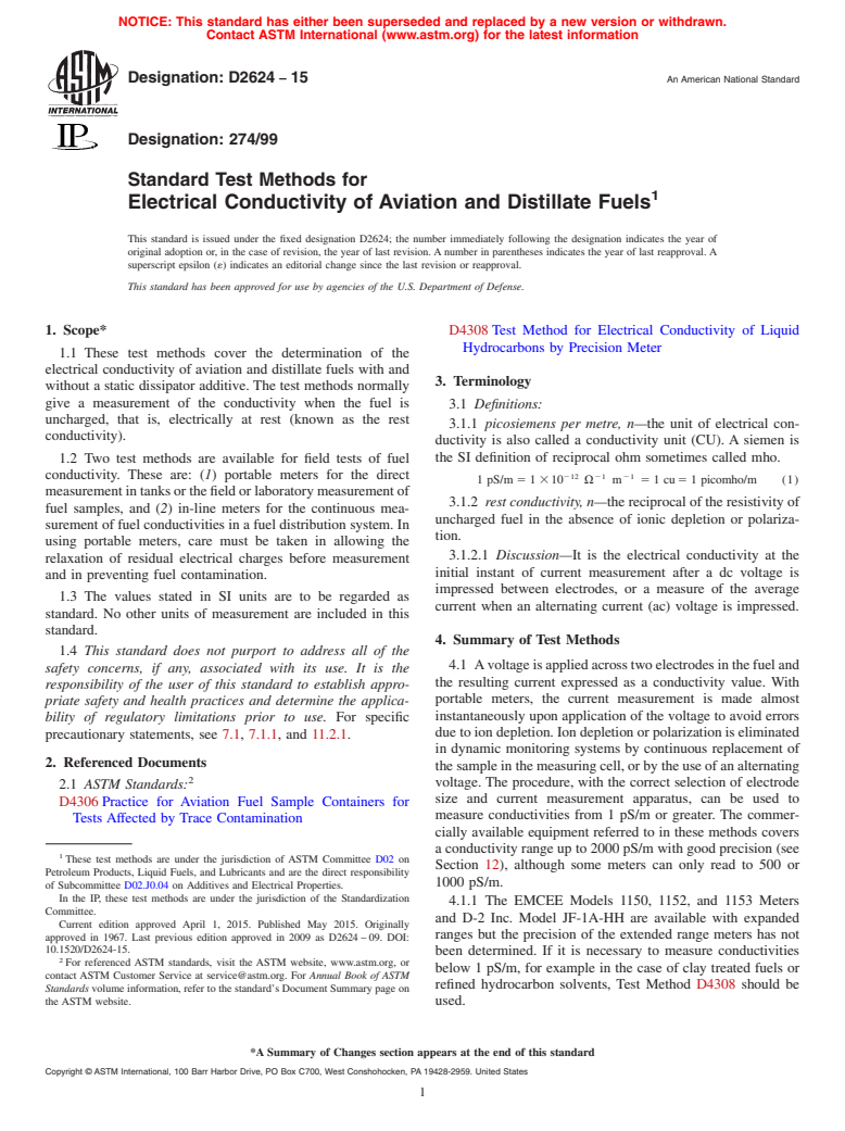 ASTM D2624-15 - Standard Test Methods for  Electrical Conductivity of Aviation and Distillate Fuels