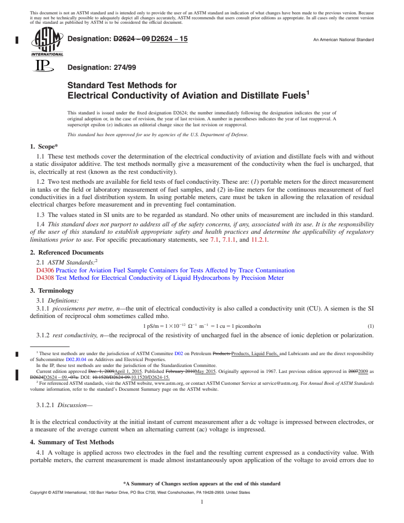 REDLINE ASTM D2624-15 - Standard Test Methods for  Electrical Conductivity of Aviation and Distillate Fuels