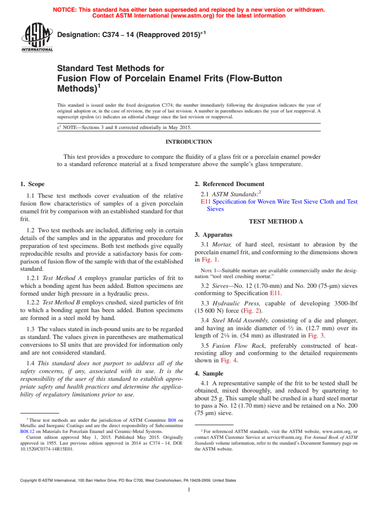 ASTM C374-14(2015)e1 - Standard Test Methods for  Fusion Flow of Porcelain Enamel Frits (Flow-Button Methods)