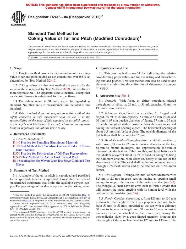 ASTM D2416-84(2015)e1 - Standard Test Method for  Coking Value of Tar and Pitch (Modified Conradson)