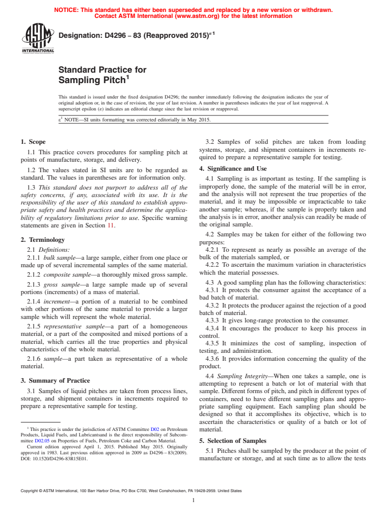 ASTM D4296-83(2015)e1 - Standard Practice for  Sampling Pitch