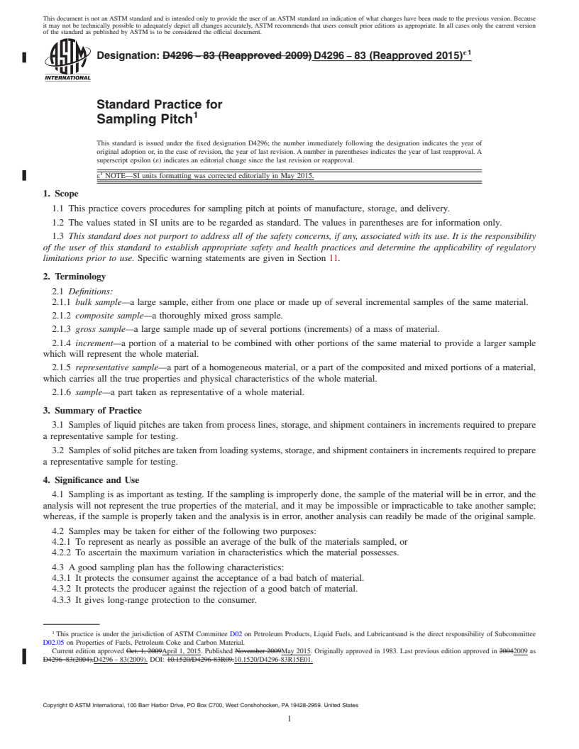 REDLINE ASTM D4296-83(2015)e1 - Standard Practice for  Sampling Pitch