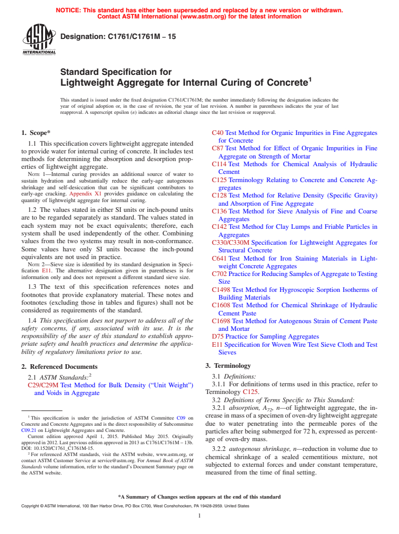 ASTM C1761/C1761M-15 - Standard Specification for  Lightweight Aggregate for Internal Curing of Concrete