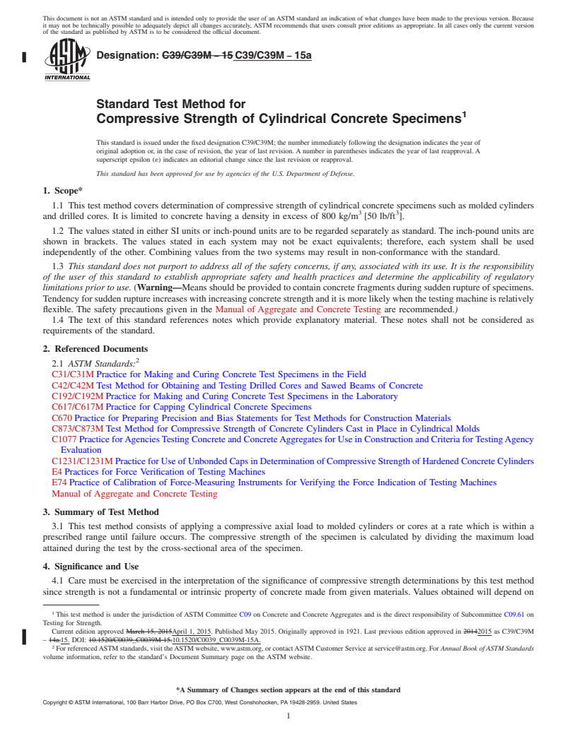 REDLINE ASTM C39/C39M-15a - Standard Test Method for  Compressive Strength of Cylindrical Concrete Specimens