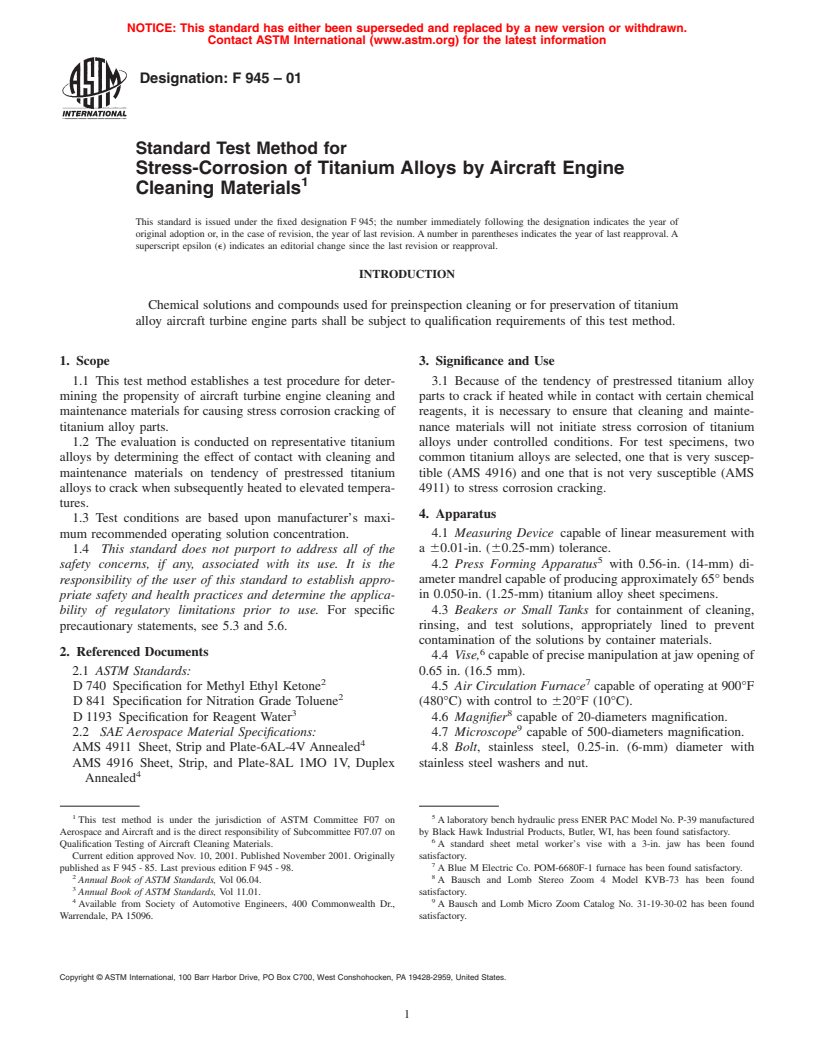 ASTM F945-01 - Standard Test Method for Stress-Corrosion of Titanium Alloys by Aircraft Engine Cleaning Materials