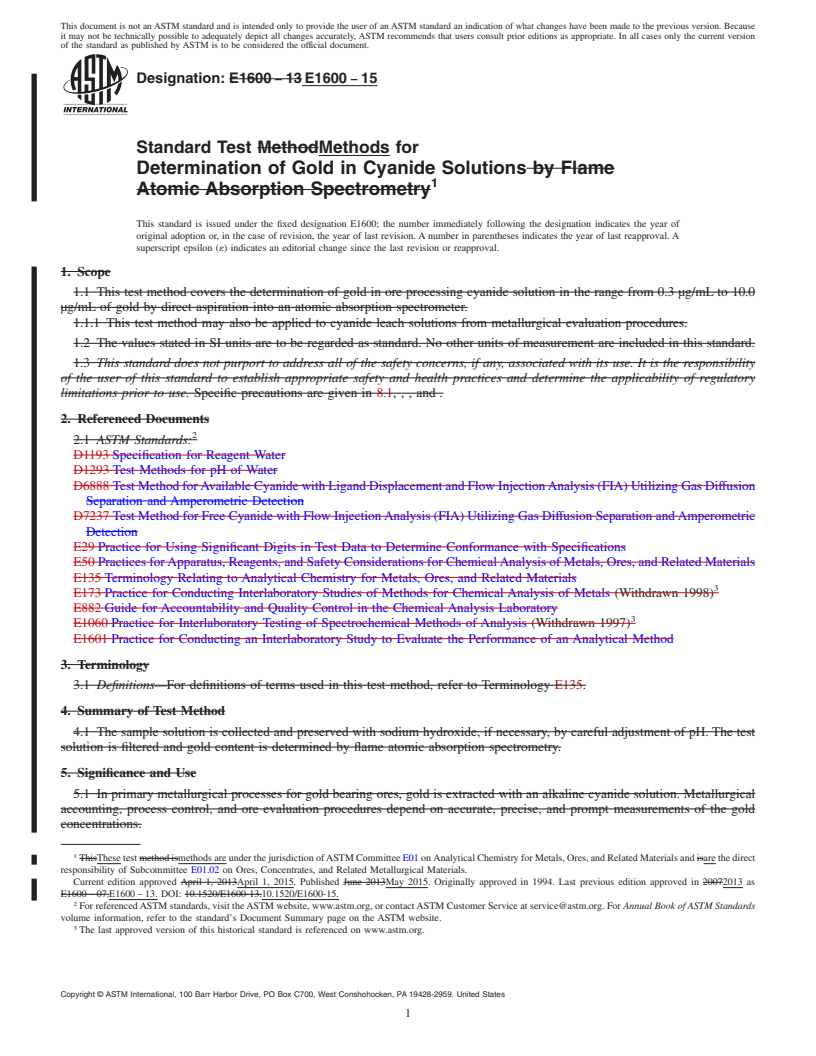 REDLINE ASTM E1600-15 - Standard Test Methods for  Determination of Gold in Cyanide Solutions