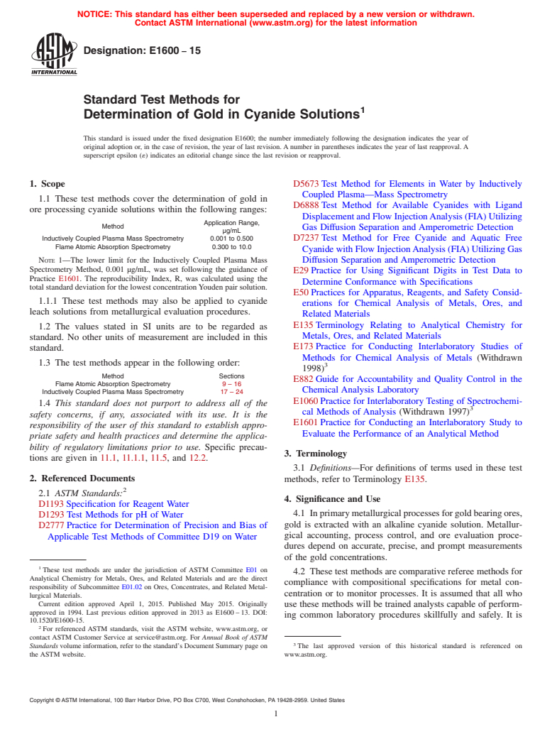 ASTM E1600-15 - Standard Test Methods for  Determination of Gold in Cyanide Solutions