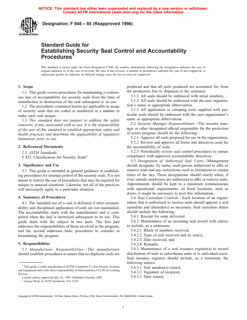 ASTM F946-85(1996) - Standard Guide for Establishing Security Seal Control and Accountability Procedures
