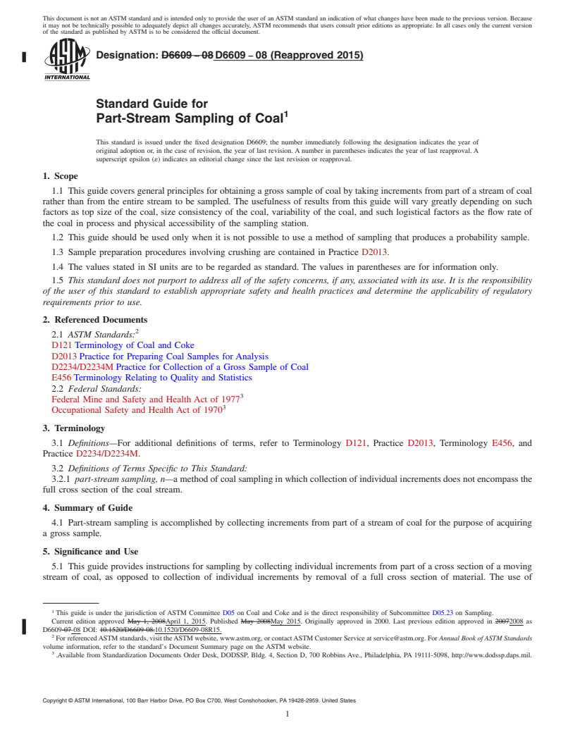 REDLINE ASTM D6609-08(2015) - Standard Guide for  Part-Stream Sampling of Coal