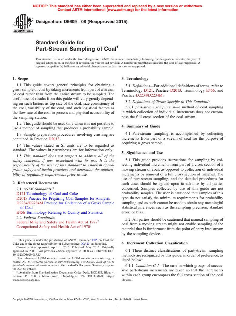 ASTM D6609-08(2015) - Standard Guide for  Part-Stream Sampling of Coal