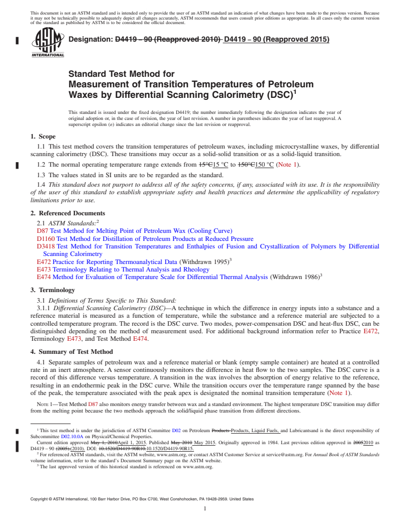 REDLINE ASTM D4419-90(2015) - Standard Test Method for  Measurement of Transition Temperatures of Petroleum Waxes by  Differential Scanning Calorimetry (DSC)