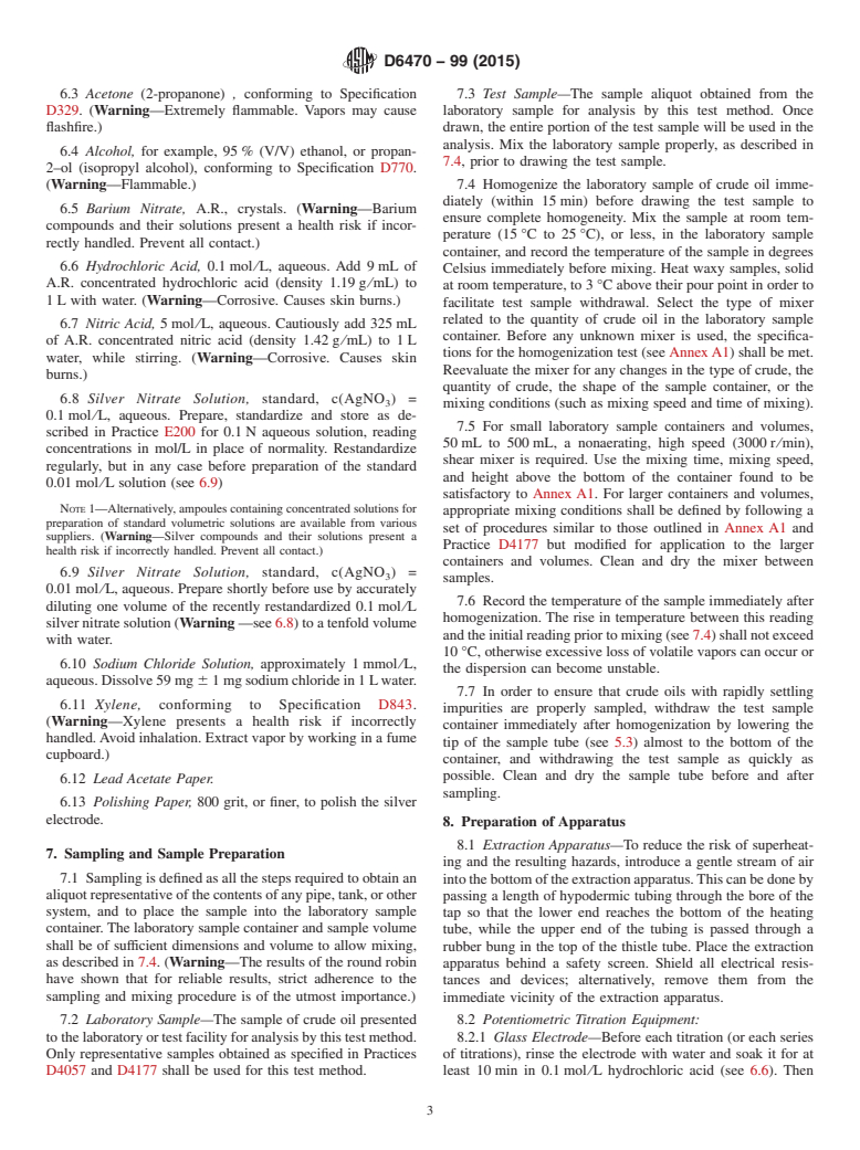 ASTM D6470-99(2015) - Standard Test Method for  Salt in Crude Oils (Potentiometric Method)