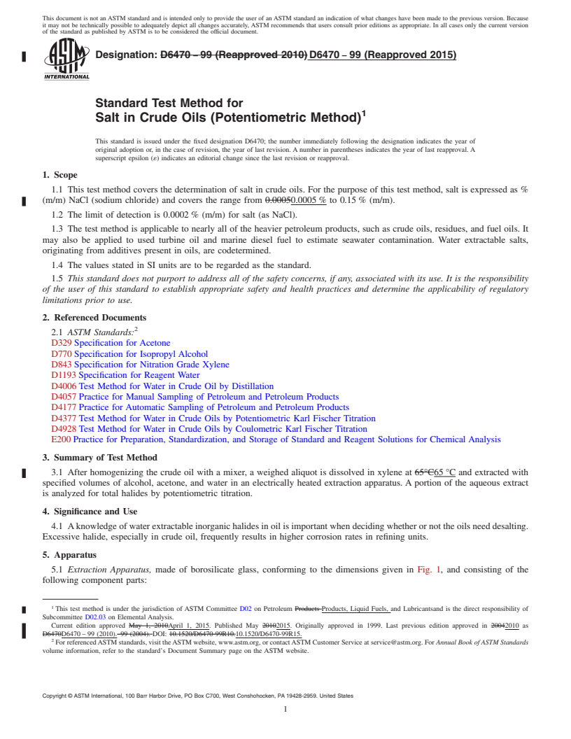 REDLINE ASTM D6470-99(2015) - Standard Test Method for  Salt in Crude Oils (Potentiometric Method)