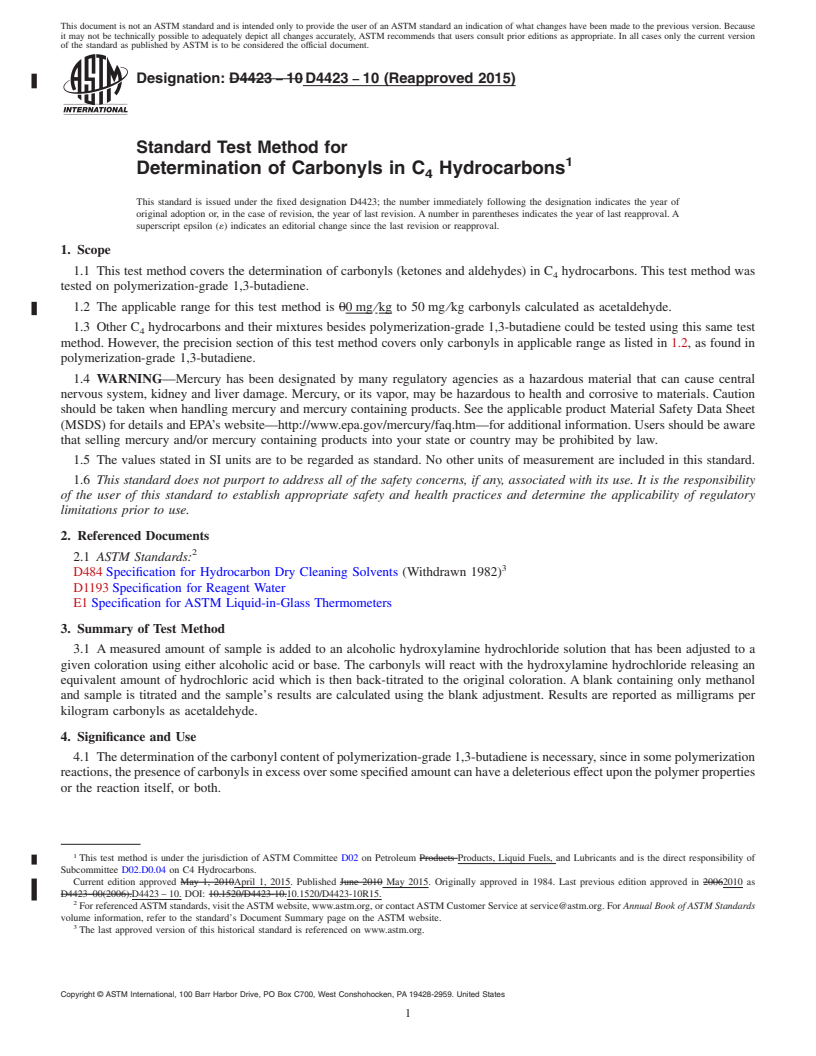 REDLINE ASTM D4423-10(2015) - Standard Test Method for  Determination of Carbonyls in C<inf>4</inf> Hydrocarbons