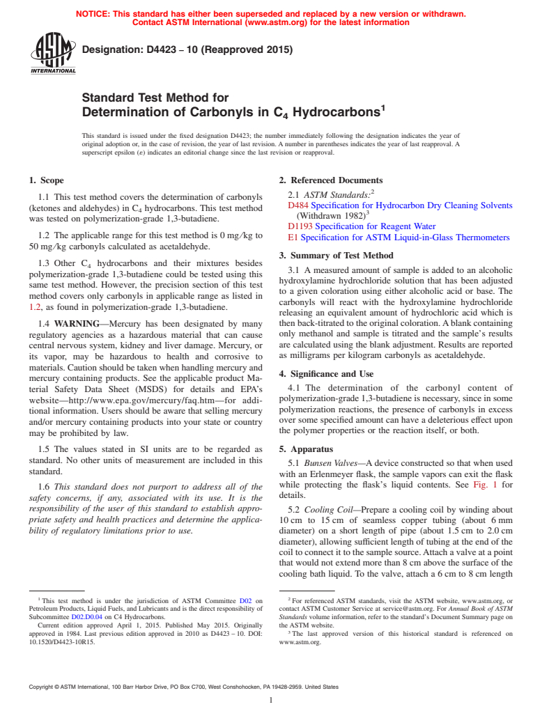 ASTM D4423-10(2015) - Standard Test Method for  Determination of Carbonyls in C<inf>4</inf> Hydrocarbons