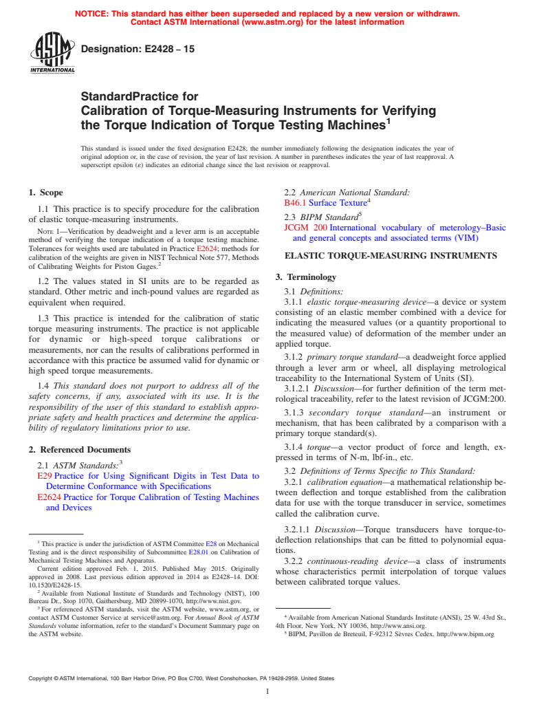 ASTM E2428-15 - Standard Practice for  Calibration of Torque-Measuring Instruments for Verifying the  Torque Indication of Torque Testing Machines