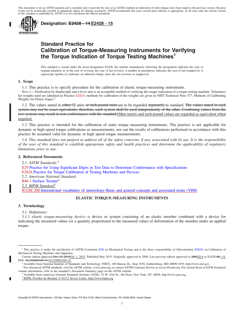 REDLINE ASTM E2428-15 - Standard Practice for  Calibration of Torque-Measuring Instruments for Verifying the  Torque Indication of Torque Testing Machines