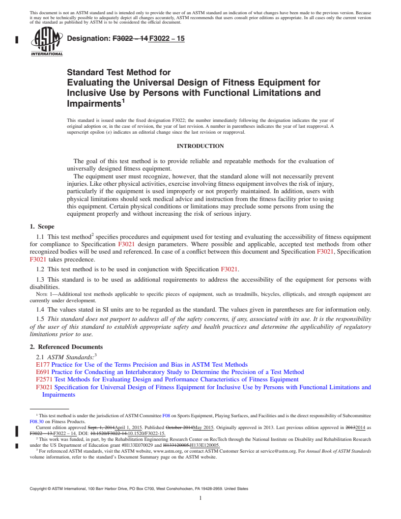 REDLINE ASTM F3022-15 - Standard Test Method for Evaluating the Universal Design of Fitness Equipment for Inclusive  Use by Persons with Functional Limitations and Impairments