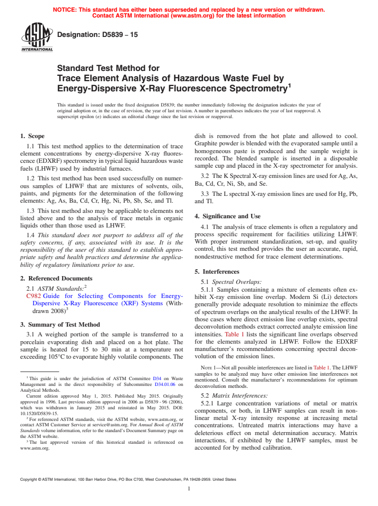 ASTM D5839-15 - Standard Test Method for  Trace Element Analysis of Hazardous Waste Fuel by Energy-Dispersive  X-Ray Fluorescence Spectrometry