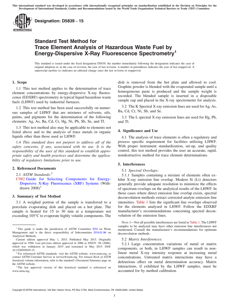 ASTM D5839-15 - Standard Test Method for  Trace Element Analysis of Hazardous Waste Fuel by Energy-Dispersive  X-Ray Fluorescence Spectrometry