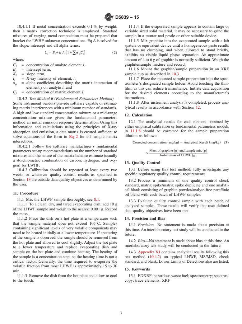 ASTM D5839-15 - Standard Test Method for  Trace Element Analysis of Hazardous Waste Fuel by Energy-Dispersive  X-Ray Fluorescence Spectrometry