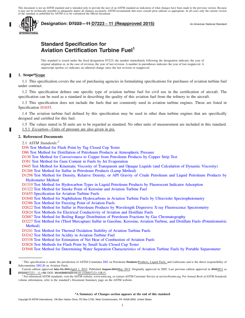 REDLINE ASTM D7223-11(2015) - Standard Specification for  Aviation Certification Turbine Fuel