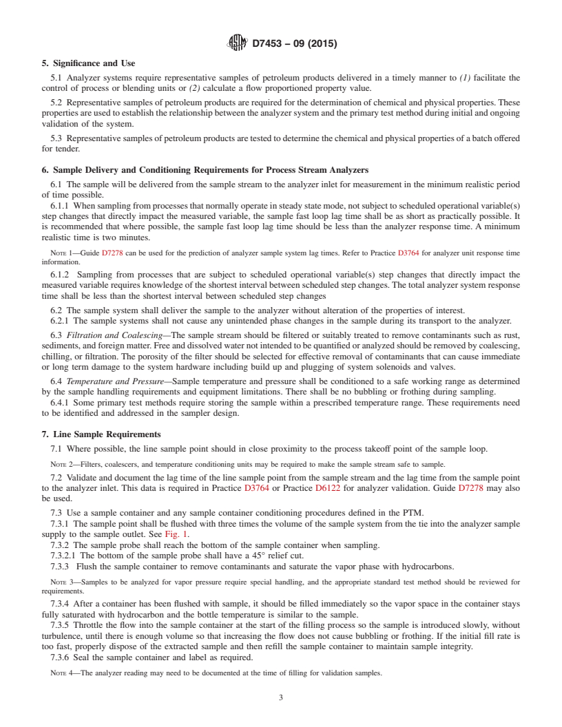 REDLINE ASTM D7453-09(2015) - Standard Practice for  Sampling of Petroleum Products for Analysis by Process Stream  Analyzers and for Process Stream Analyzer System Validation