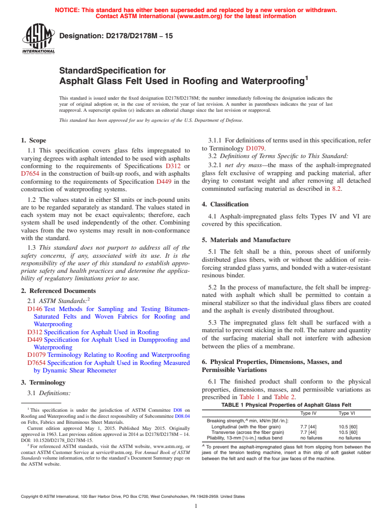 ASTM D2178/D2178M-15 - Standard Specification for  Asphalt Glass Felt Used in Roofing and Waterproofing