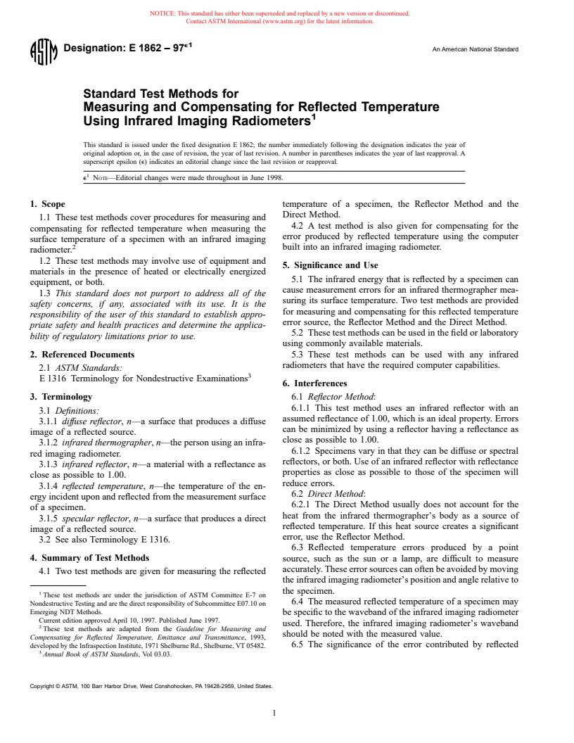 ASTM E1862-97e1 - Standard Test Methods for Measuring and Compensating for Reflected Temperature Using Infrared Imaging Radiometers