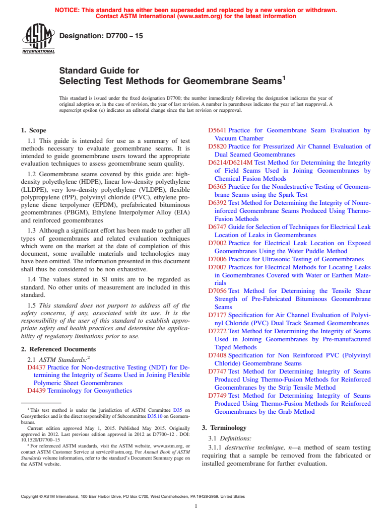 ASTM D7700-15 - Standard Guide for Selecting Test Methods for Geomembrane Seams