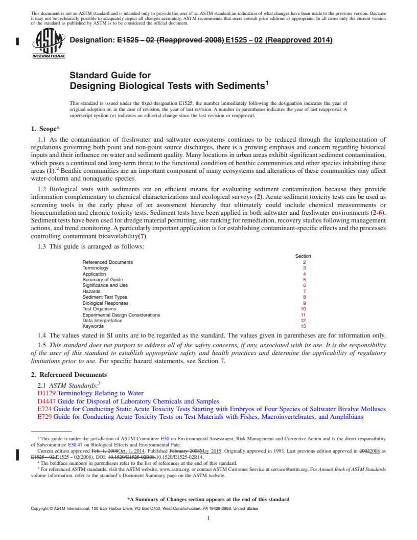 REDLINE ASTM E1525-02(2014) - Standard Guide for  Designing Biological Tests with Sediments