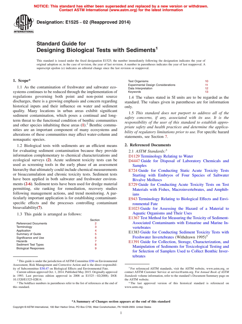 ASTM E1525-02(2014) - Standard Guide for  Designing Biological Tests with Sediments