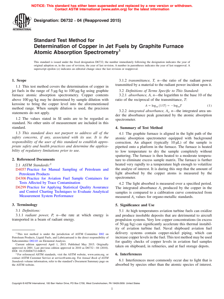 ASTM D6732-04(2015) - Standard Test Method for  Determination of Copper in Jet Fuels by Graphite Furnace Atomic   Absorption Spectrometry