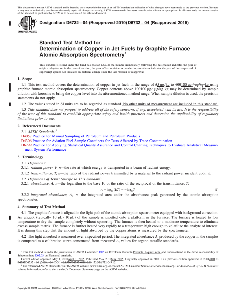 REDLINE ASTM D6732-04(2015) - Standard Test Method for  Determination of Copper in Jet Fuels by Graphite Furnace Atomic   Absorption Spectrometry